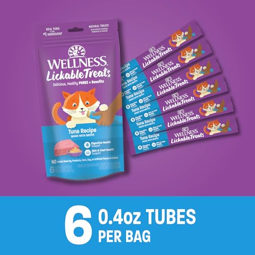 Wellness Lickable Treats Grain-Free Tuna with Broth Puree Squeezable Cat Treats - .4 Oz - 6 Pack