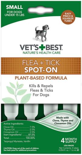 Vet's Best Plant Based Flea and Tick Spot-On Treatment Drops for Dogs - 1.6 ml - Small - 4 Count  