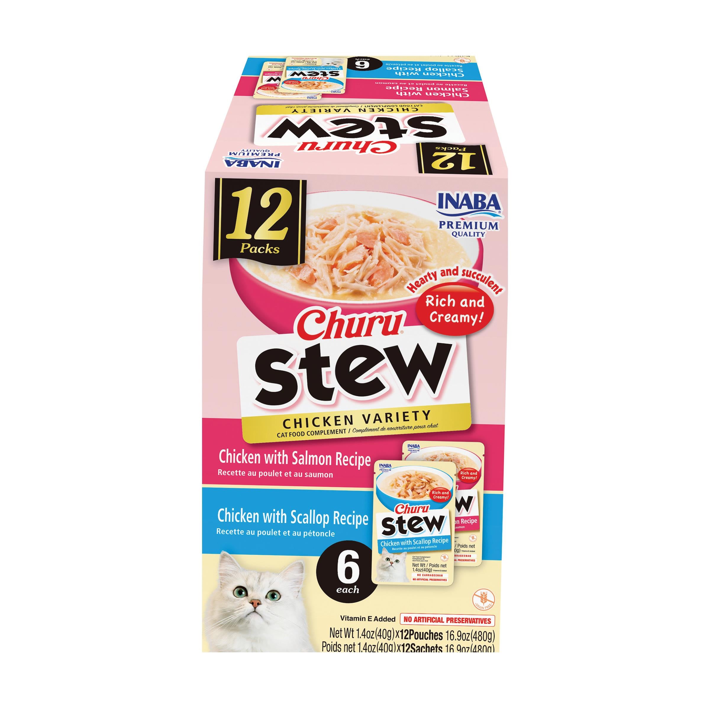 Inaba Churu Stew Chicken Salmon and Scallops Wet Cat Food or Topper Pouch - Variety Pack - 1.4 Oz - 12 Pack Default Title