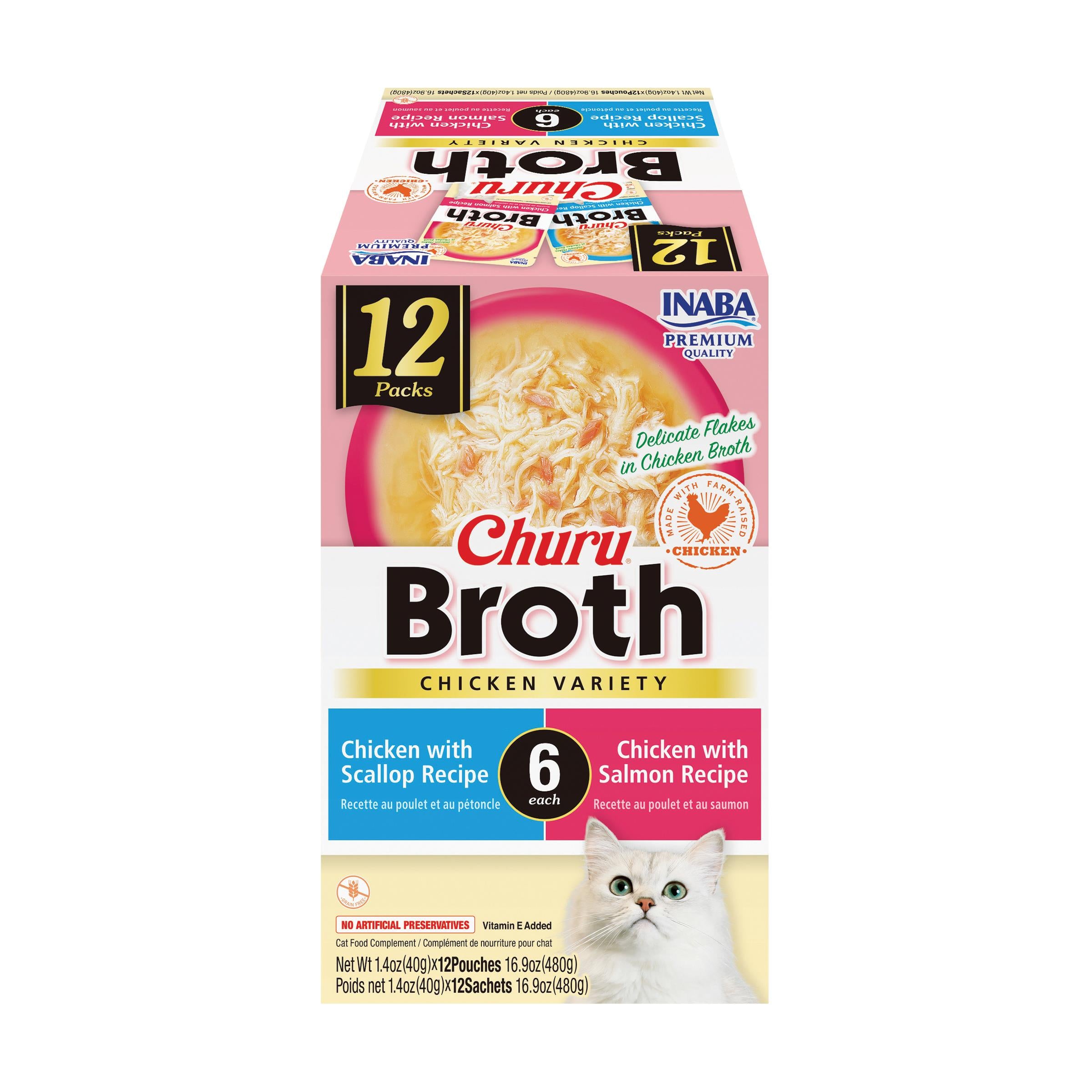 Inaba Churu Broth Chicken Salmon and Scallops Wet Cat Food or Topper Pouch - Variety Pack - 1.4 Oz - 12 Pack Default Title