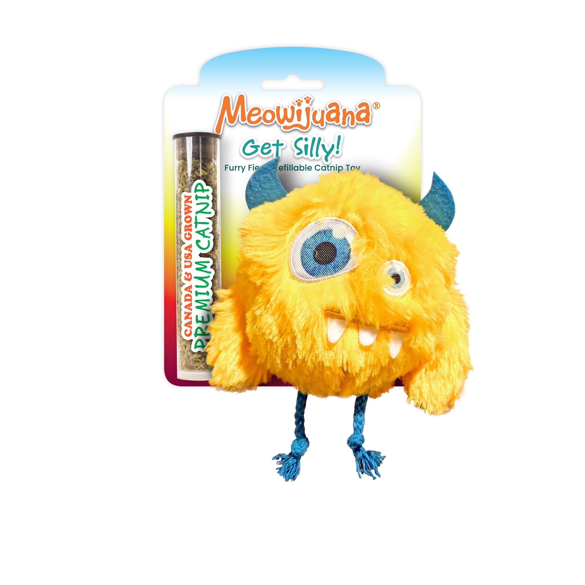 Meowijuanna Get Silly Yellow Furry Friend Plush Catnip Cat Toy with Refillable Catnip
