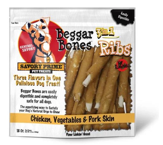 Savory Prime Beggar Bones Rawhide-Free Ribs 3-in-1 Chicken Vegetable and Pork Skin Natural Dog Chews 18 Pack