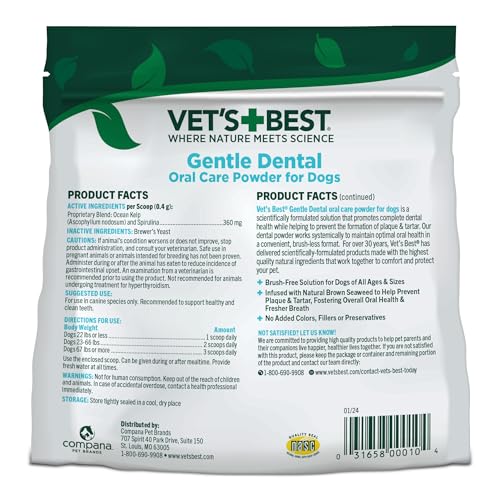 Vet's Best Gentle Dental Brush-Free Oral Care Powder Food Topper for Dogs - 75 Grams - 90 Day Supply