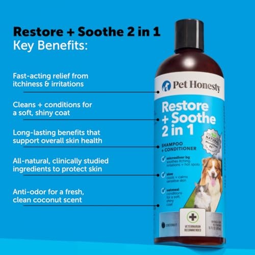 Pet Honesty Restore and Soothe Coconut Fragrance Sensitive Skin Cat and Dog 2-in-1 Shampoo and Conditioner - 16 Oz