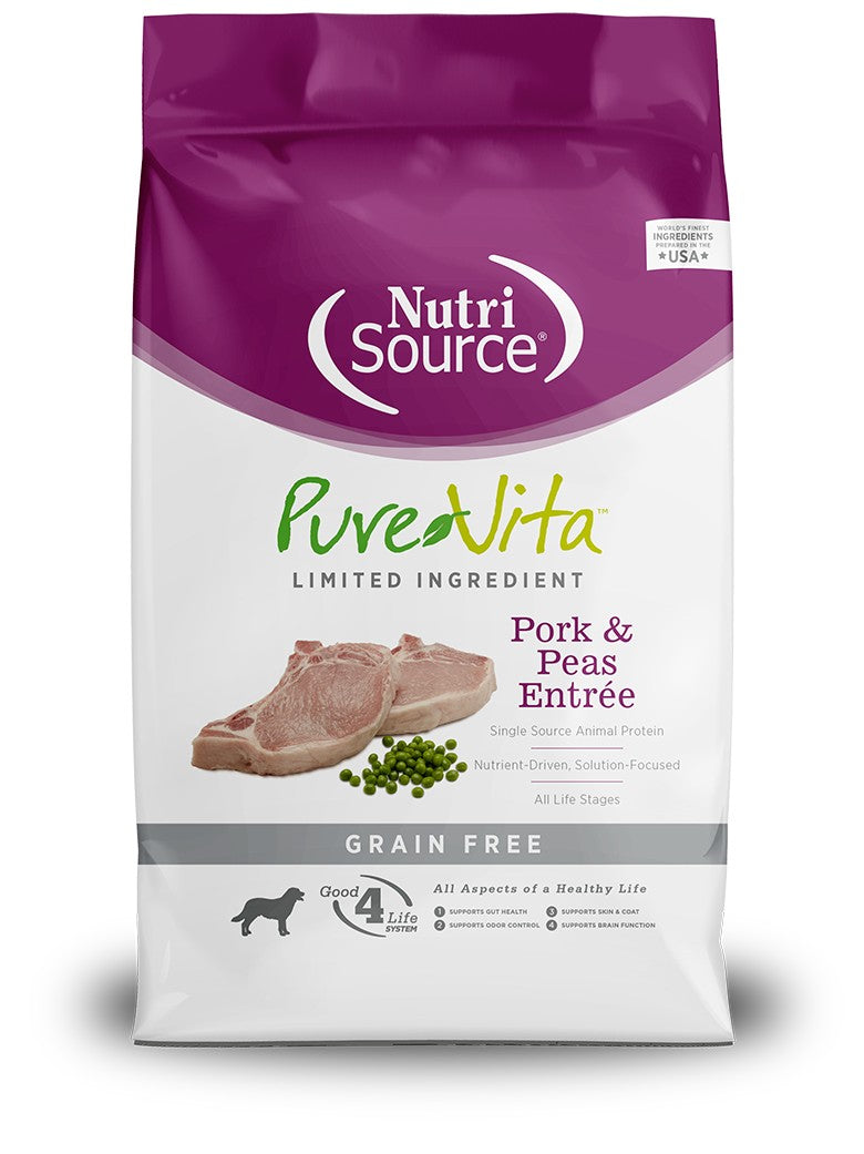 Nutrisource PureVita Grain-Free Limited Ingredient Pork and Peas Entrée Dry Dog Food - 4 Lbs - Case of 8