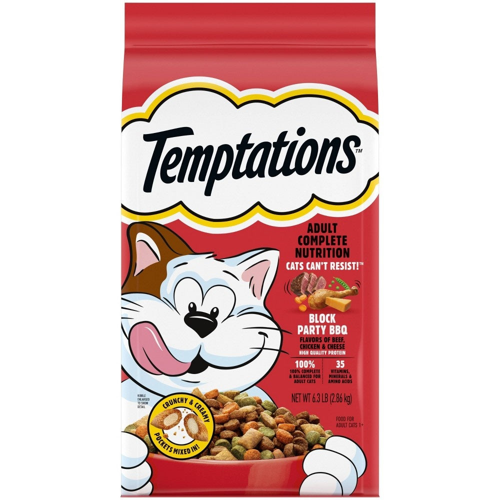 Whiskas Temptations Block Party BBQ with Beef Chicken and Cheese Crunch and Creamy Adult Dry Cat Food - 6.3 Lbs - Case of 3