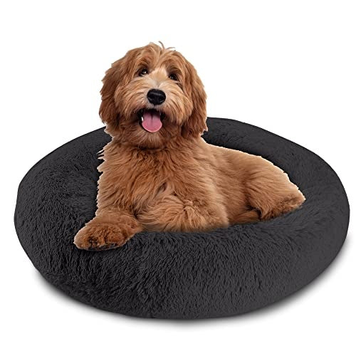 Arlee Rover Shaggy Round Calming Pet Bed - Black - Large - L:36 X W:36 X H:10