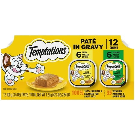 Whiskas Temptations Pate in Gravy Chicken and Seafood Medley Wet Cat Food Trays - Variety Pack - 3.5 Oz - 12 Pack - Case of 2