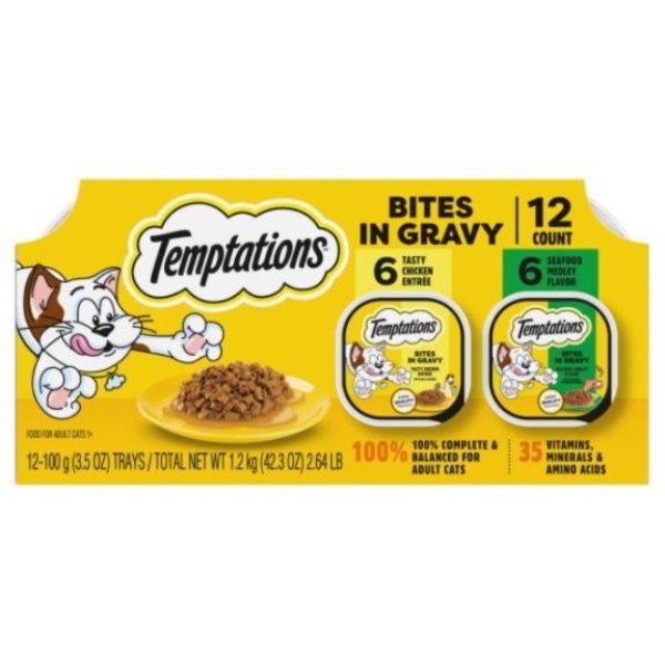 Whiskas Temptations Bites in Gravy Chicken and Seafood Medley Adult Wet Cat Food Tray - Variety Pack - 3.5 Oz - 12 Pack - Case of 2