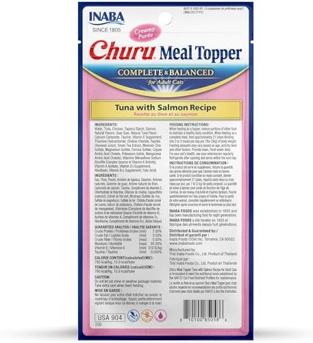 Inaba Churu Complete and Balanced Tuna and Salmon Cat Food Meal Topper Pouch - .5 Oz - 4 Pack - Case of 6