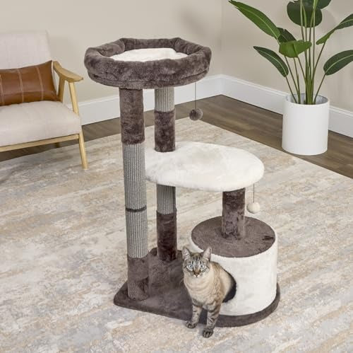 Midwest Homes Feline Alden 3-Level Cat Tree Furniture - Mocha/Cream - Medium - L:20.9 X W:30.9 X H:40.6 Inch