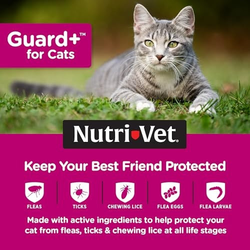 Nutri-Vet Guard+ Waterproof Topical Cat Flea and Tick Prevention Treatment - Cats 1.5+ Lbs - 3 Monthly Dose - 90 Days