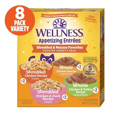 Wellness Appetizing Entrees Shredded and Mousse Chicken Turkey Duck Wet Cat Food Pouch - Variety Pack - 1.4 Oz - 8 Pack - Case of 3