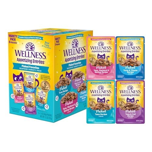 Wellness Appetizing Entrees Flaked Tuna Mackerel Shrimp Tilapia Cod Wet Cat Food Pouch - Variety Pack - 1.4 Oz - 8 Pack - Case of 3 Default Title