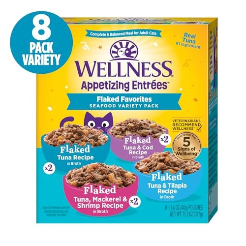 Wellness Appetizing Entrees Flaked Tuna Mackerel Shrimp Tilapia Cod Wet Cat Food Pouch - Variety Pack - 1.4 Oz - 8 Pack - Case of 3