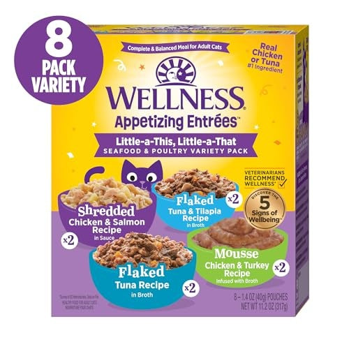 Wellness Appetizing Entrees Flaked Shredded and Mousse Chicken Salmon Tuna Turkey Tilapia Wet Cat Food Pouch - Variety Pack - 1.4 Oz - 8 Pack - Case of 3