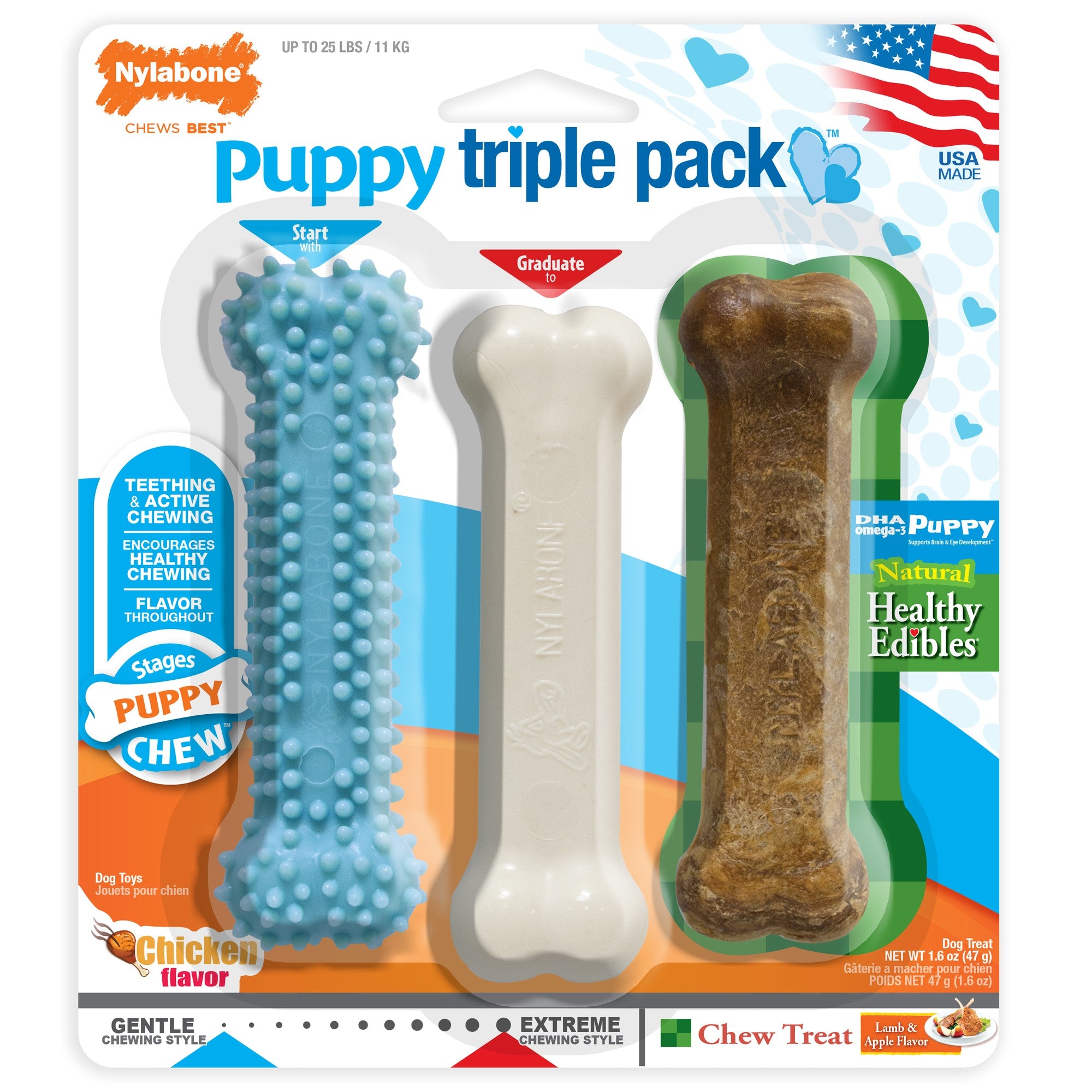 Nylabone Bone Triple Pack Puppy-Chew Chicken and Bacon Textured and Classic Nylon Dog Toy with Bone Treat - 3 Pack