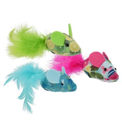 Multipet Margaritaville Mice with Patterns Feather and Plush Catnip Cat Toys - 3 Pack