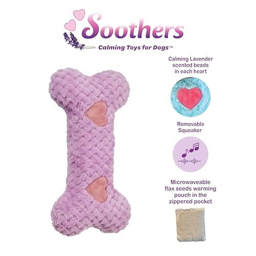 Ethical SPOT Soothers Warm Hug Bone Anxiety Lavender Scent Removable Squeaker Microwavable Pouch Plush Dog Toy - Large - 12 Inch