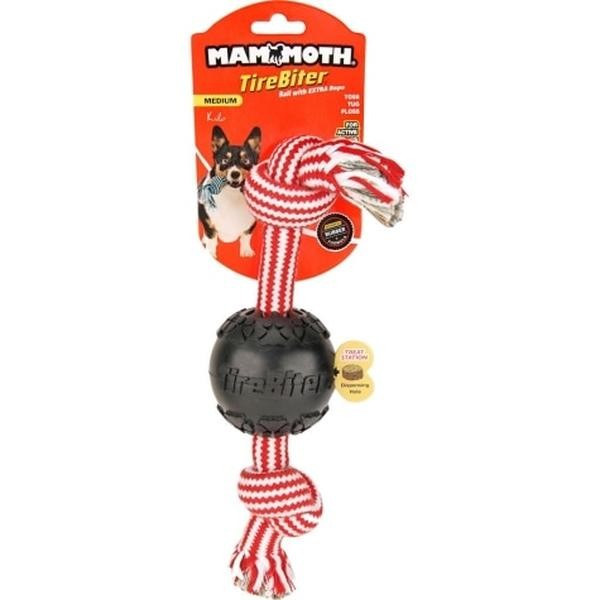Mammoth Pet Products 2-Knotted Tirebiter Rubber Ball and Rope Dog Toy - Multi-Color