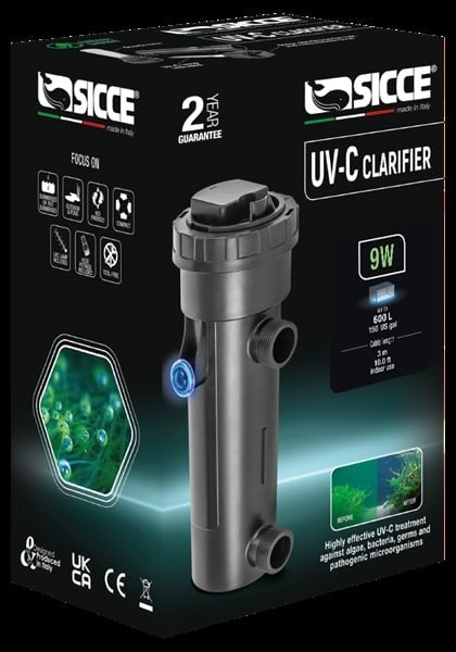 Sicce UV-C Clarifier Submersible Aquarium UV Sterlizer with 10 Foot Cable 9 Watt