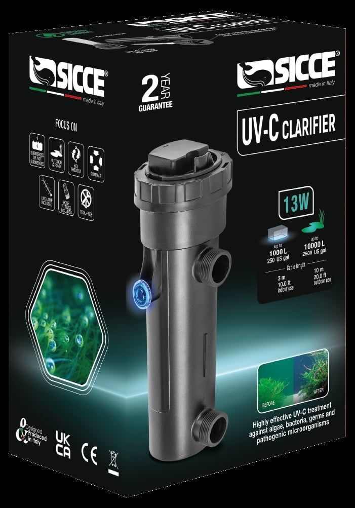 Sicce UV-C Clarifier Submersible Aquarium UV Sterlizer with 10 Foot Cable 13 Watt