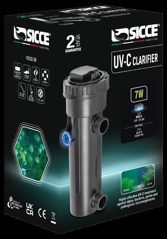 Sicce UV-C Clarifier Submersible Aquarium UV Sterlizer with 10 Foot Cable 7 Watt