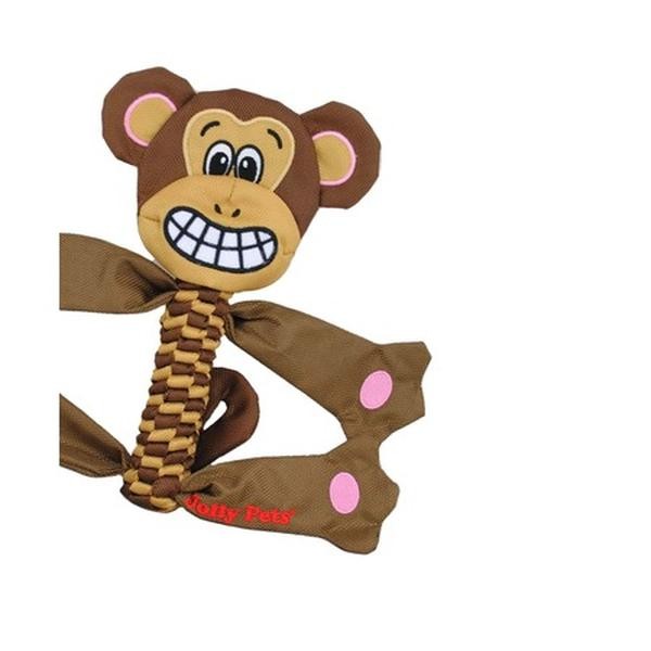 Jolly Pets Animal Flatheads Monkey Stuffing-Free Squeak and Rope Tug Dog Toy Medium