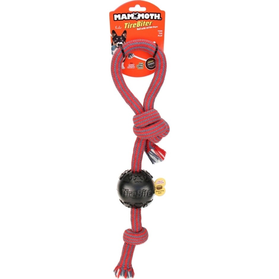 Mammoth Pet Products 2-Knotted Tirebiter Rubber Ball and Rope Pull Tug Dog Toy