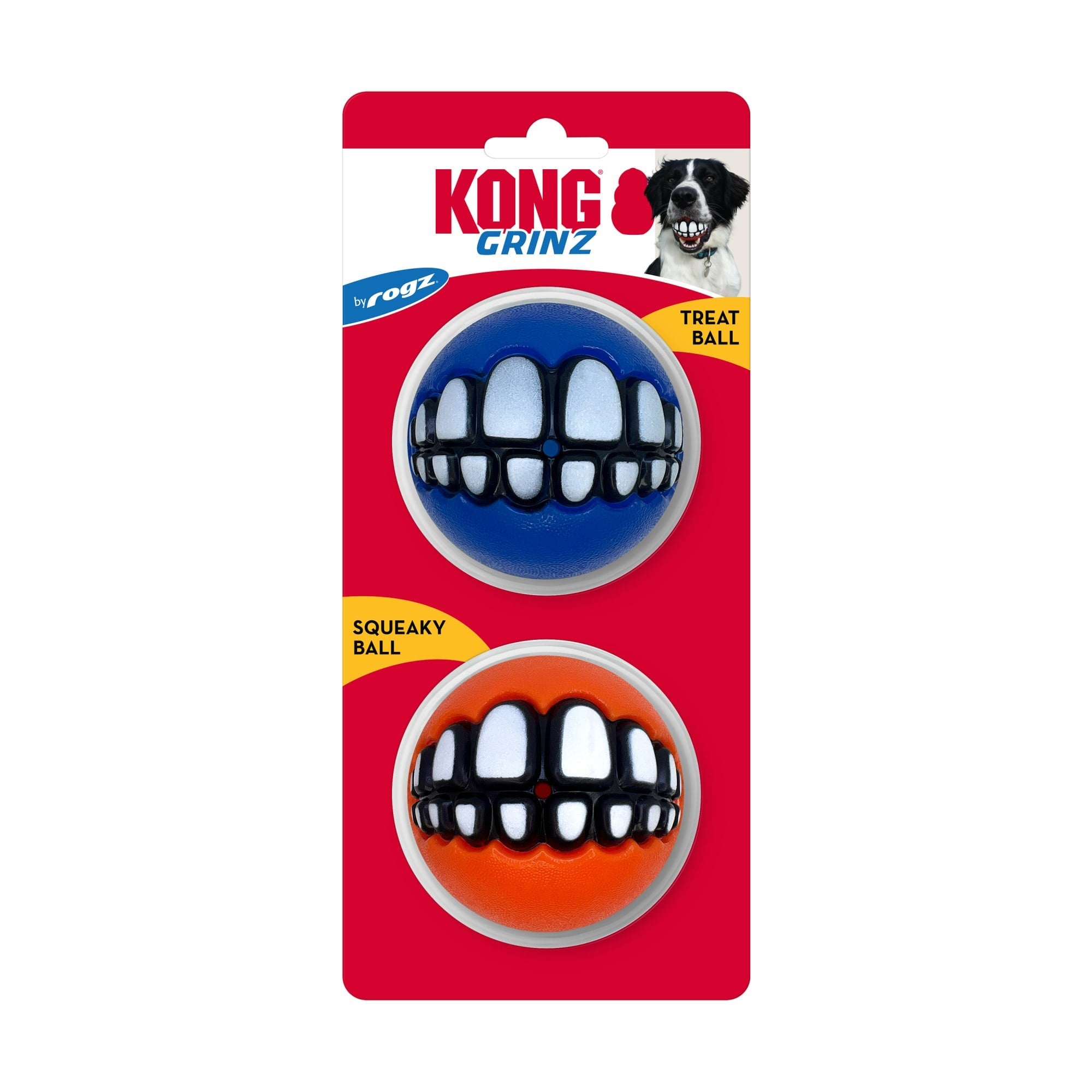 Kong Grinz By Rogz Bouncy Balls Treat and Squeak Fetch Dog Toy - Large - 2 Pack