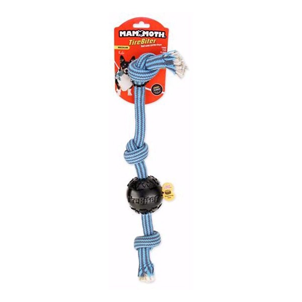 Mammoth Pet Products 3-Knotted Tirebiter Rubber Ball and Rope Dog Toy - Multi-Color