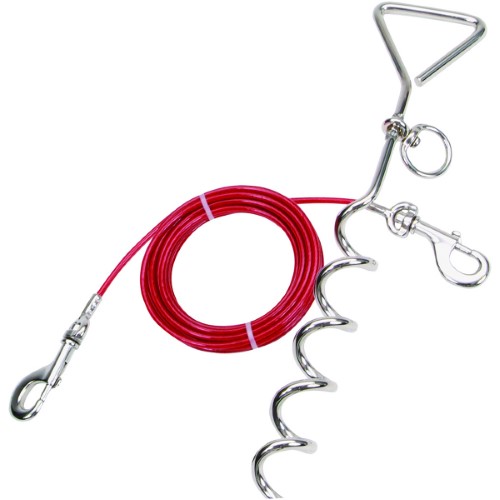 Coastal Spiral Stake Heavy Duty Combo Tie Out Cable and Leash - Red - 15 Ft - Up To 80 Lbs
