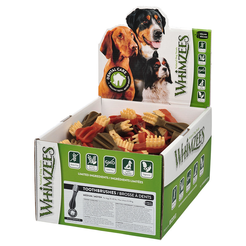 Whimzees Brushzees Toothbrush Oral Health Fresh Breath Bulk Dental Dog Chews Treats Medium - 75 Count