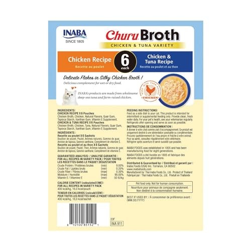 Inaba Churu Broth Chicken and Tuna Wet Cat Food or Topper Pouch - Variety Pack - 1.4 Oz - 12 Pack