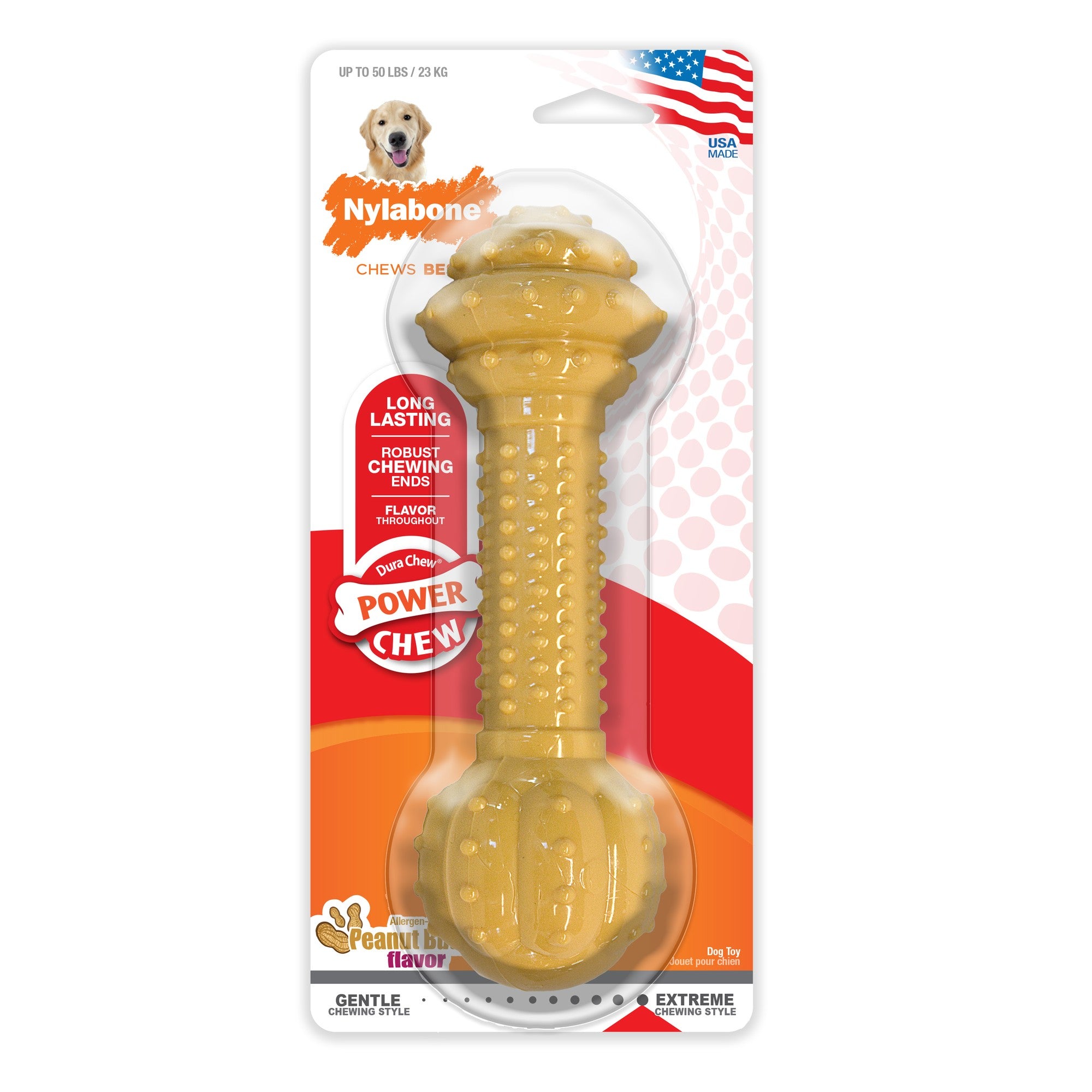 Nylabone Barbell-Bone Durable Extreme-Chew Peanut Butter Flavored Nylon Chew Dog Toy - Large/Extra Large