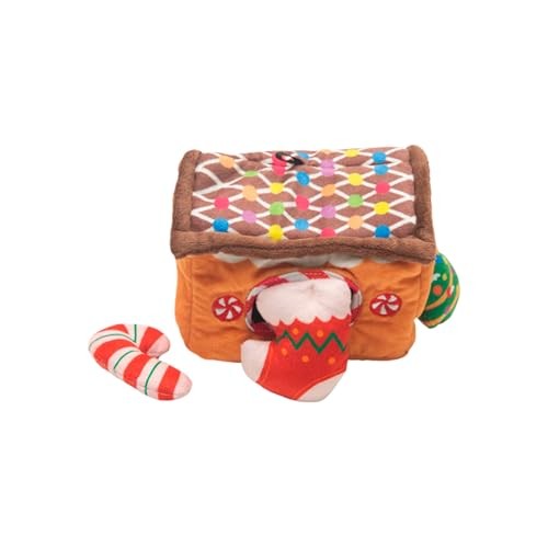 Snugarooz Holiday Hide-and-Seek Gingerbread House with Repair Pouch 4-in-1 Squeak and Crinkle Plush Dog Toy - 6 Inch