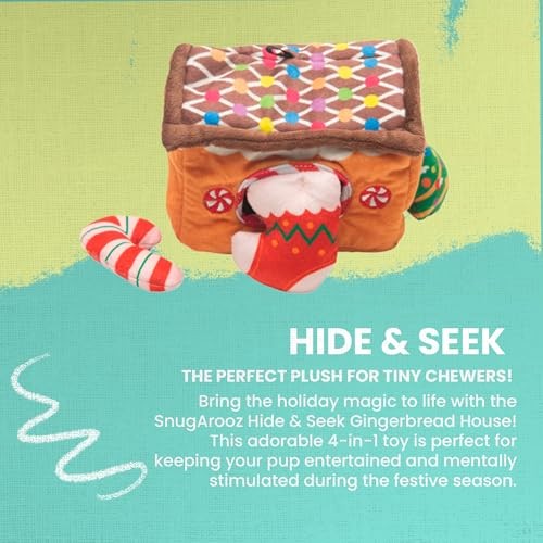 Snugarooz Holiday Hide-and-Seek Gingerbread House with Repair Pouch 4-in-1 Squeak and Crinkle Plush Dog Toy - 6 Inch