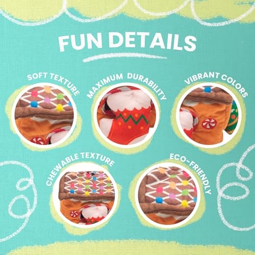 Snugarooz Holiday Hide-and-Seek Gingerbread House with Repair Pouch 4-in-1 Squeak and Crinkle Plush Dog Toy - 6 Inch