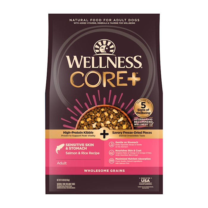 Wellness CORE+ Sensitive Skin and Stomach Wholesome Grains Salmon and Rice Adult Freeze-Dried Pieces and Dry Dog Food - 18 Lbs