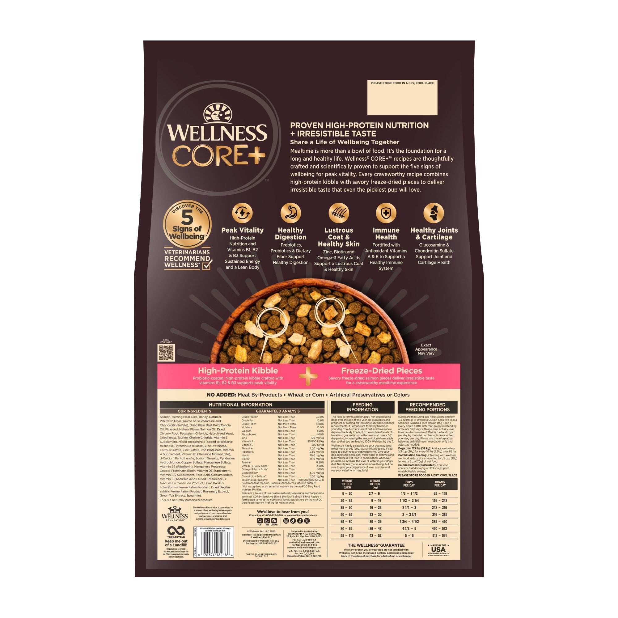 Wellness CORE+ Sensitive Skin and Stomach Wholesome Grains Salmon and Rice Adult Freeze-Dried Pieces and Dry Dog Food - 18 Lbs