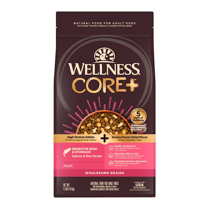 Wellness CORE+ Sensitive Skin and Stomach Wholesome Grains Salmon and Rice Adult Freeze-Dried Pieces and Dry Dog Food - 4 Lbs - Case of 6