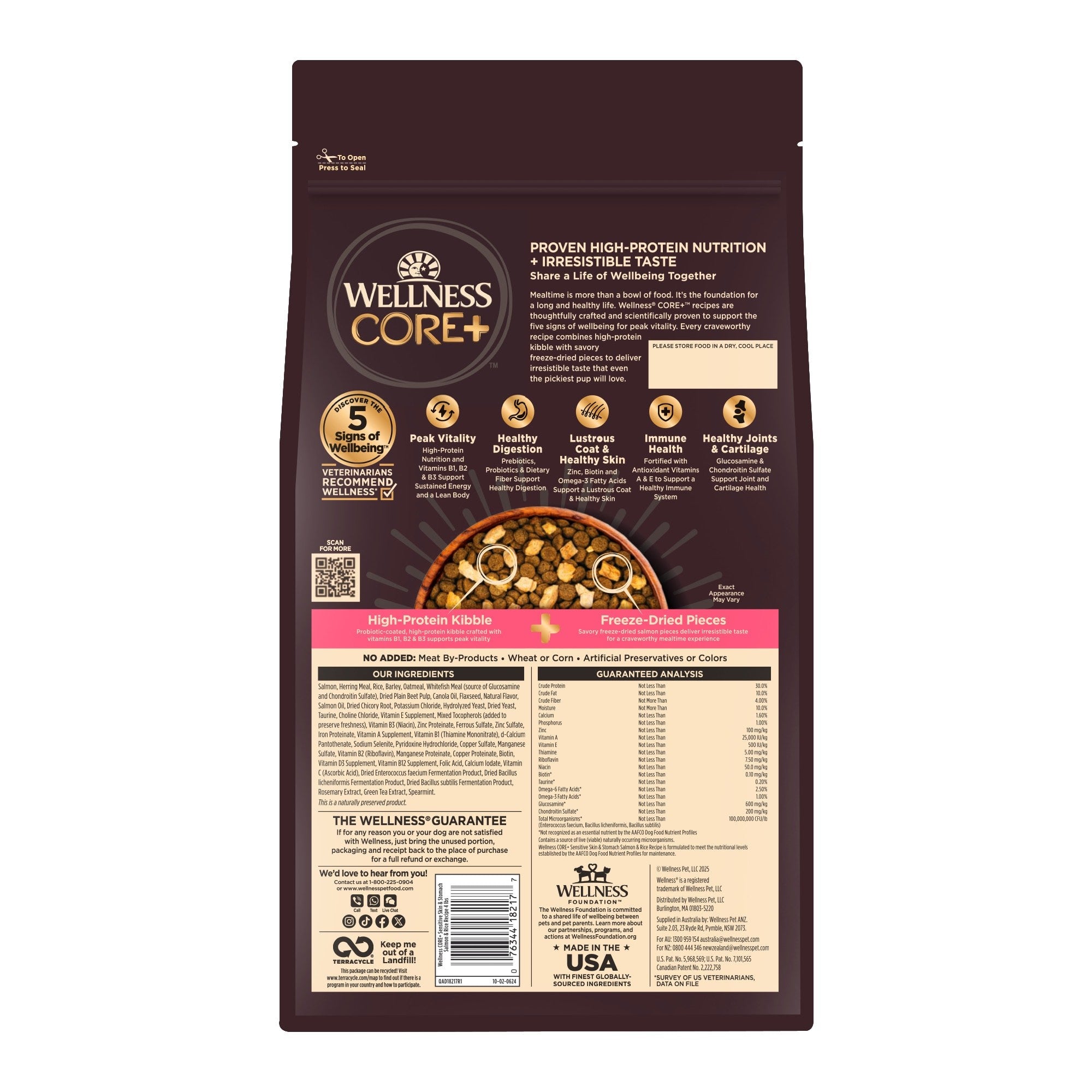 Wellness CORE+ Sensitive Skin and Stomach Wholesome Grains Salmon and Rice Adult Freeze-Dried Pieces and Dry Dog Food - 4 Lbs - Case of 6