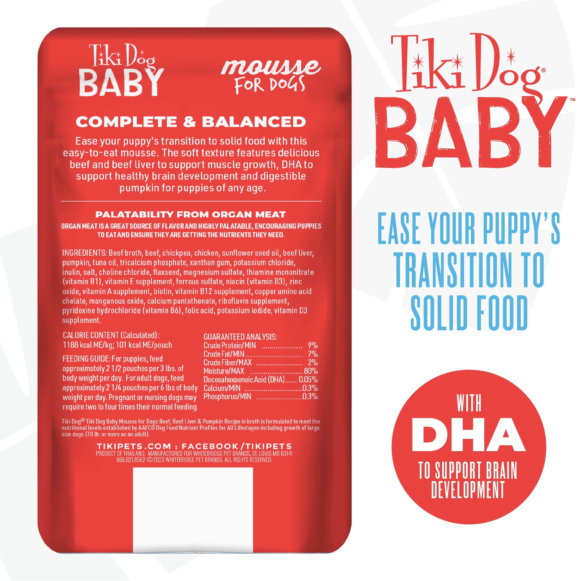 Tiki Dog Baby Mousse Grain-Free Beef and Liver Puppy Formula Wet Dog Food Trays - 3 Oz - Case of 12