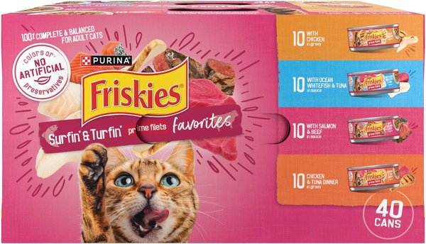 Purina Friskies Surfin' and Turfin' Prime Filets Chicken Whitefish Tuna and Salmon Canned Cat Food - Variety Pack - 5.5 Oz - Case of 40