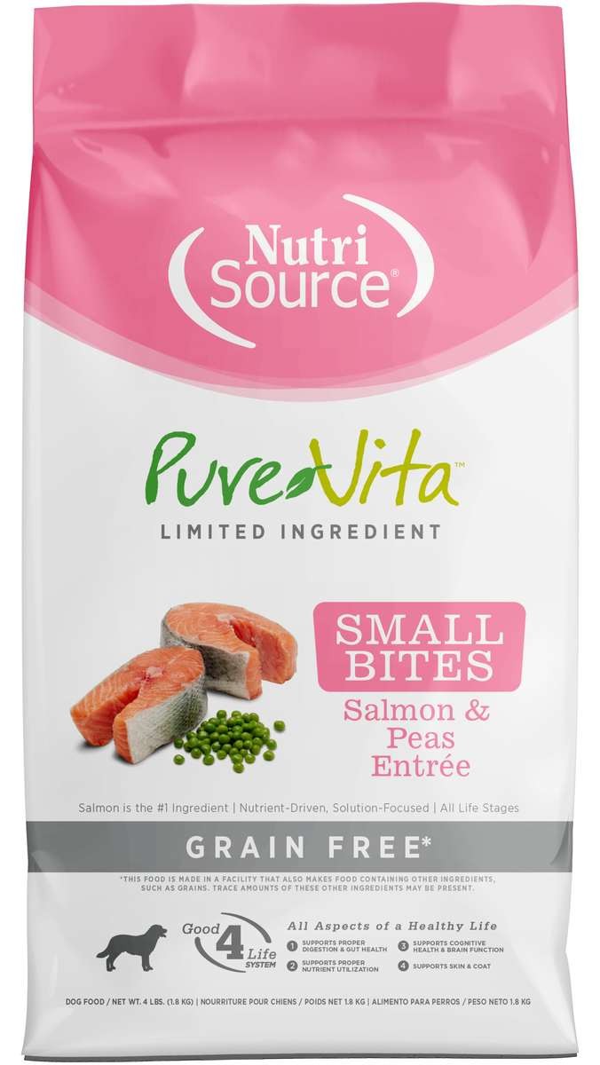 Nutrisource PureVita Grain-Free Limited Ingredient Small Bites Salmon and Peas Entrée Dry Dog Food - 4 Lbs - Case of 8