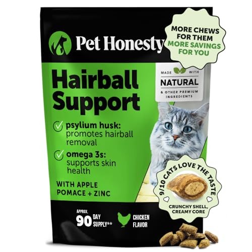 Pet Honesty Hairball Support Psyllium Husk Omega-3 Skin and Digestion Chicken Flavor Supplement Cat Treats - 10.5 Oz - 90 Day Supply