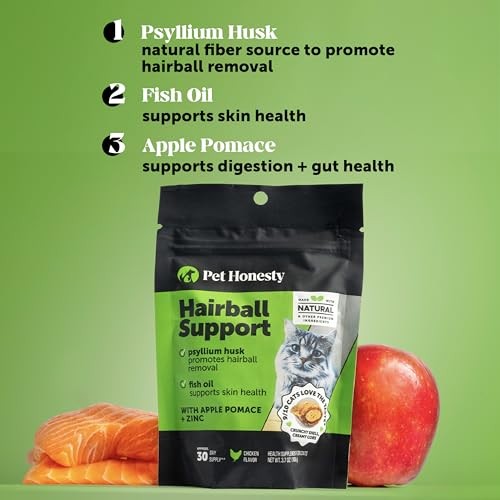 Pet Honesty Hairball Support Psyllium Husk Omega-3 Skin and Digestion Chicken Flavor Supplement Cat Treats - 10.5 Oz - 90 Day Supply
