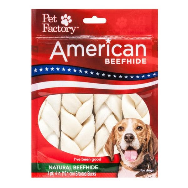 Pet Factory American Beefhide Braided Sticks Natural Dog Chews 4 Inch - 4 Pack