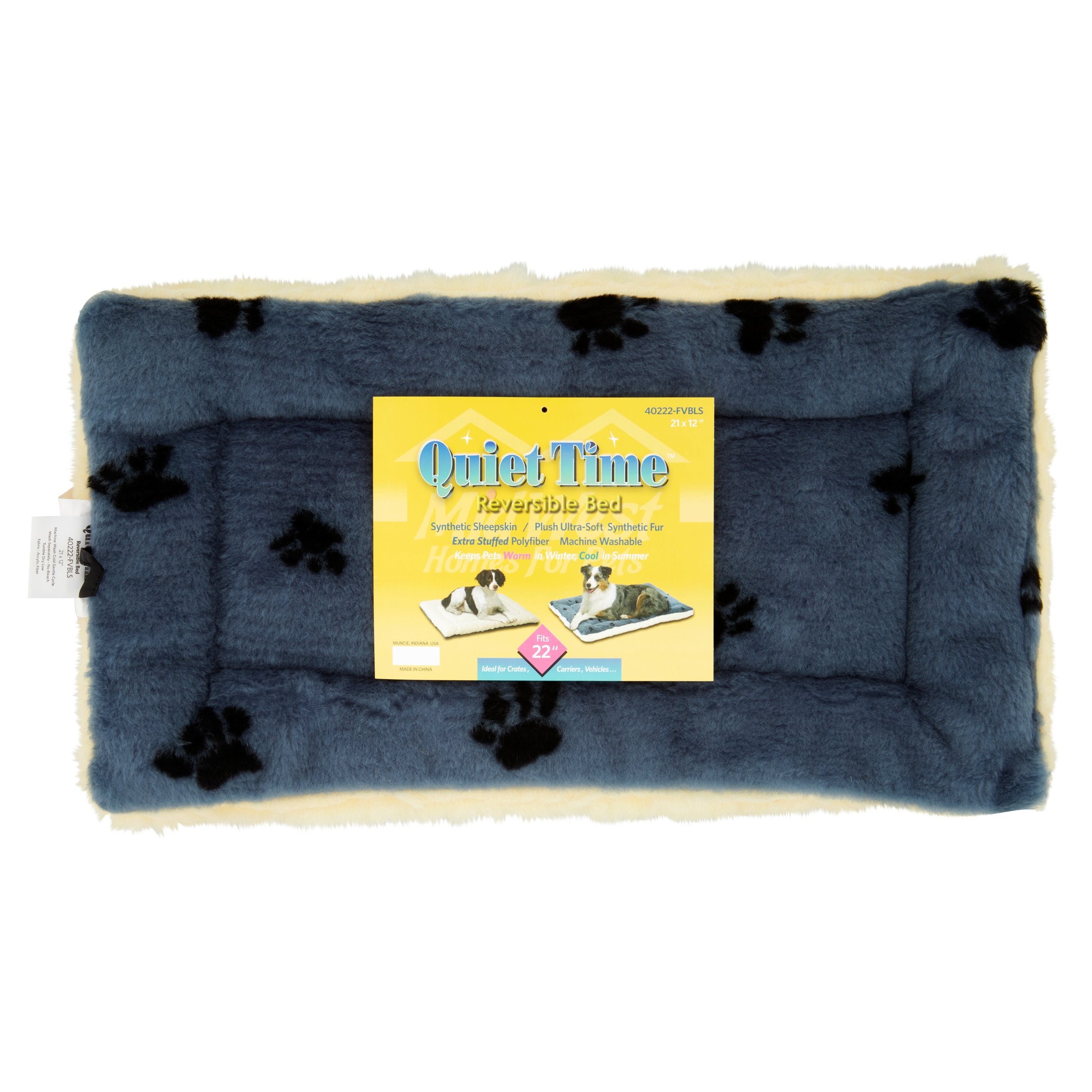 Midwest Homes Reversible Fleece Paw Print Machine Washable Pet Bed Mat - Blue/White L:21 X W:12 X H:2.5 In