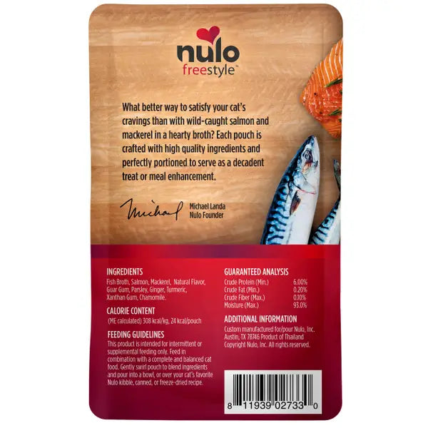 Nulo Freestyle Chunky Salmon and Mackerel Broth with Ginger and Chamomile Wet Cat Food Topper Pouch - 2.8 Oz - Case of 24